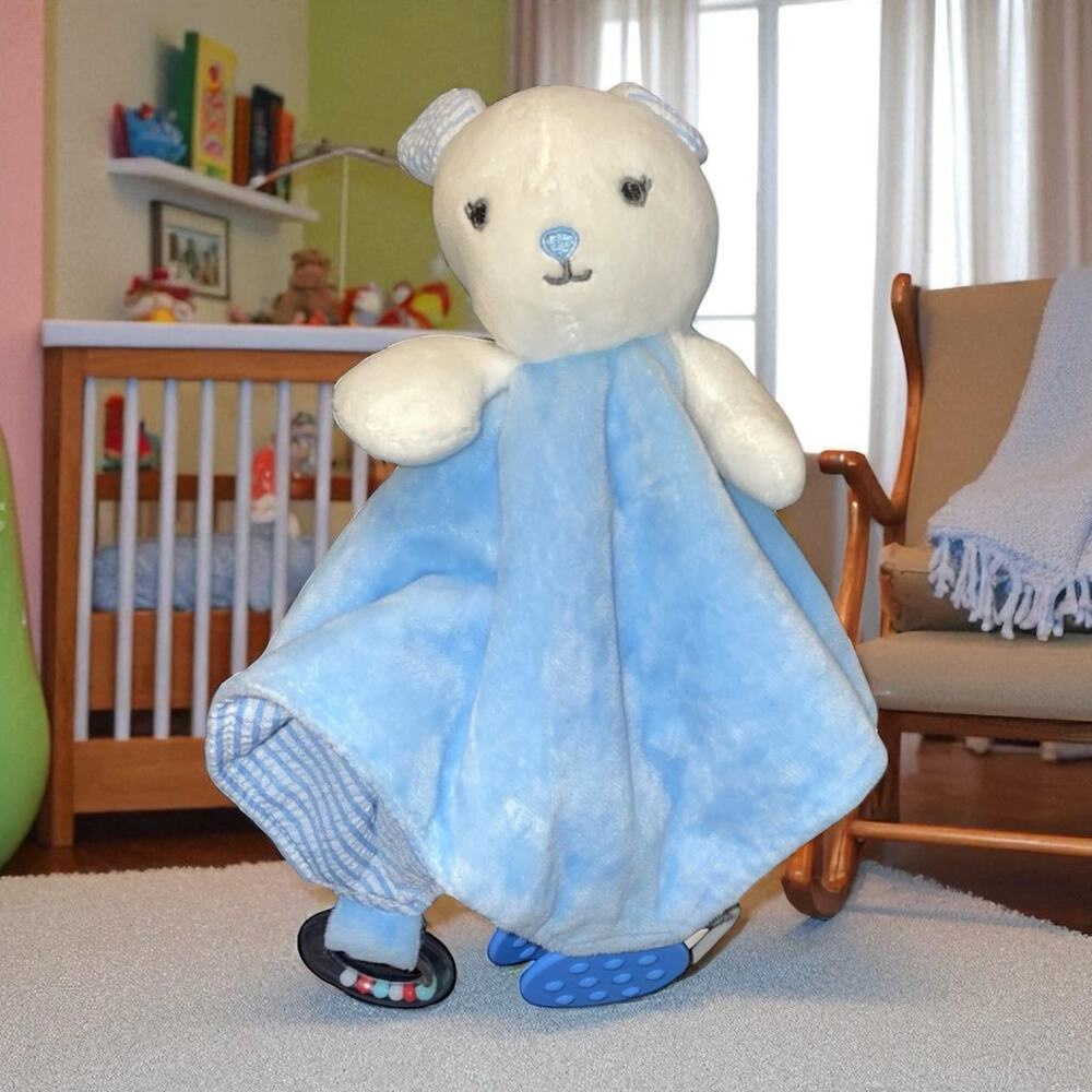 Modern Baby Bunny Lovey Security Blanket Rattle Blue Striped Stuffed Animal 12"